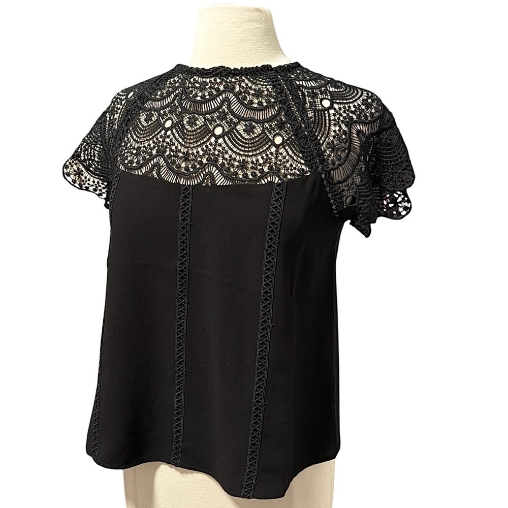 Sugarlips Black High Neck Lace Short Sleeve Chiffon Top Size XS NWOT